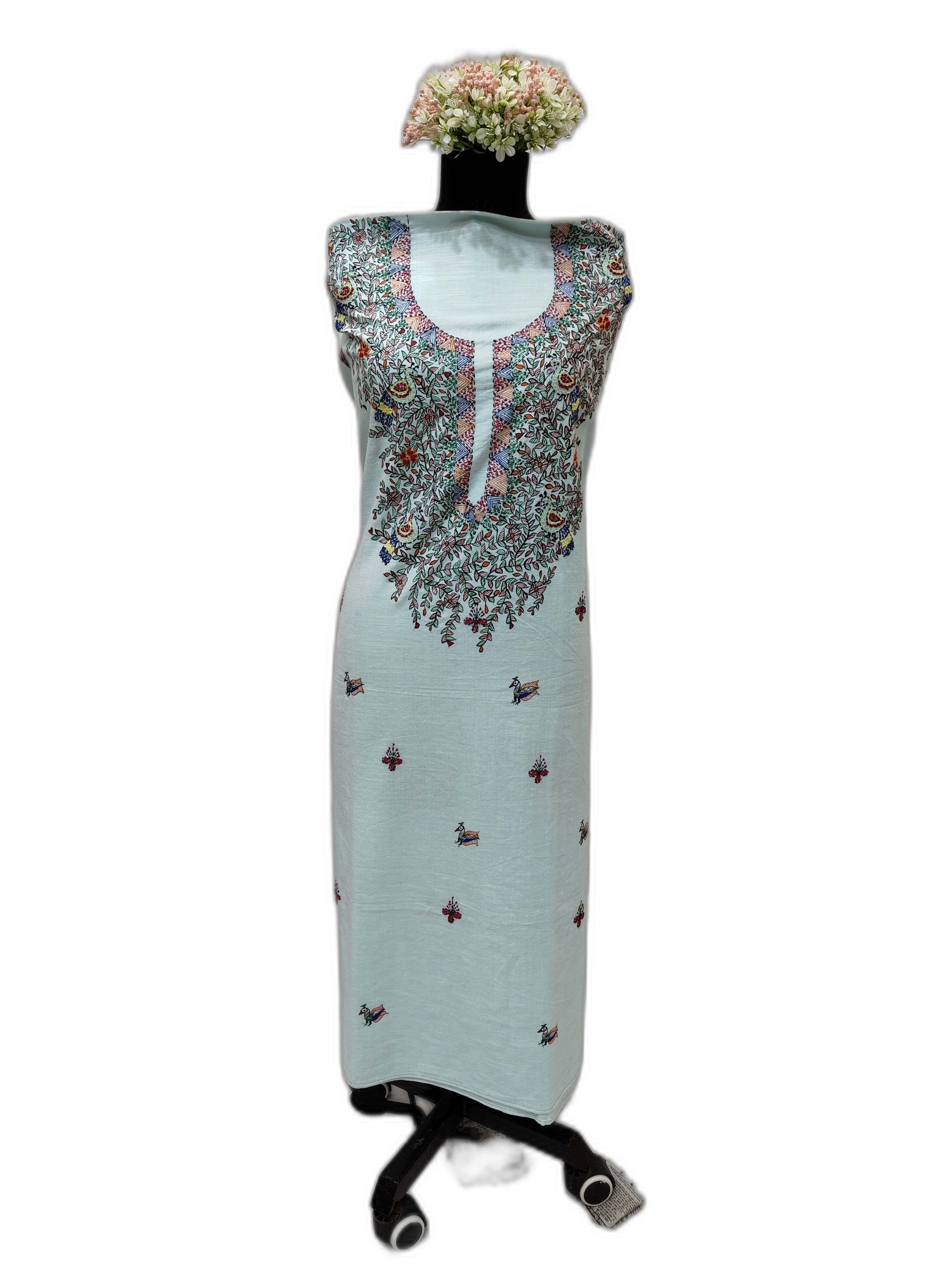 Hand painted Madhubani with Sujani Unstitched Suit Set on Cotton in Light Turquoise